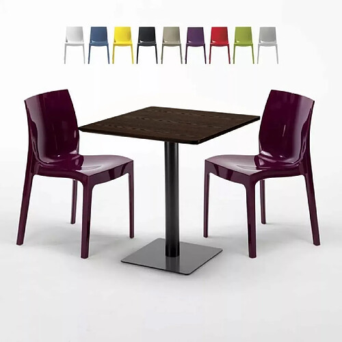 Grand Soleil Table carrée 60x60 pied noir et plateau bois avec 2 chaises colorées Ice Kiss - Pourpre