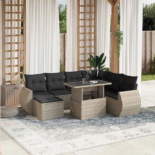 vidaXL Salon de jardin 8 pcs avec coussins gris clair résine tressée