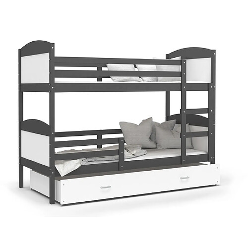 Kids Literie Lit Superposé Mateo 90x190 Gris - blanc Livré avec sommiers, tiroir et matelas en mousse de 7cm