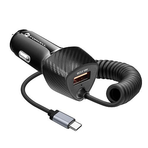 Chargeur Voiture USB 38W QC 3.0 + Câble USB-C PD Intégré Forcell Noir Carbone