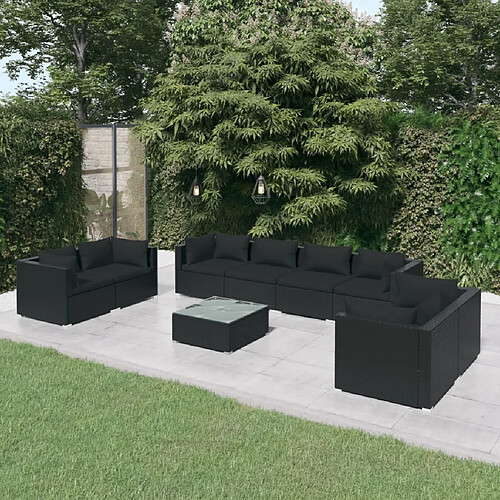 vidaXL Salon de jardin 9 pcs avec coussins Résine tressée Noir