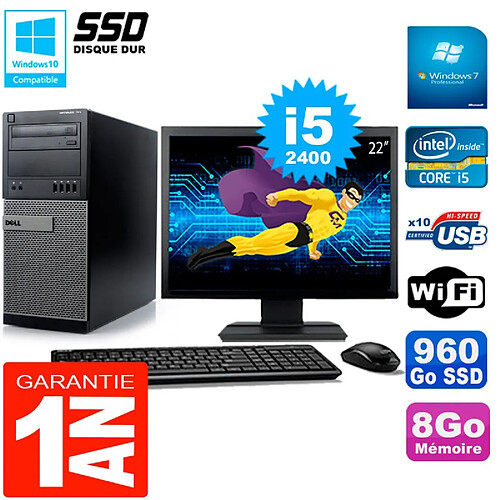 PC Tour DELL 7010 Ecran 22" Core I5-2400 RAM 8Go Disque 960 Go SSD Wifi W7 · Occasion