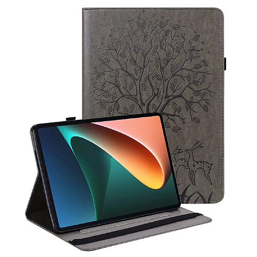 Etui en PU motif cerf et arbre avec support et porte-cartes gris pour votre Xiaomi Pad 5/Pad 5 Pro