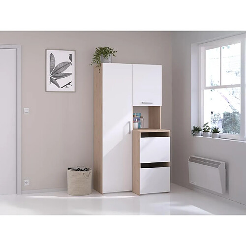 Vente-Unique Rangement de salle de bain avec placards, étagères et colonne - Naturel clair et blanc - L92 x H184 cm - ERKANO