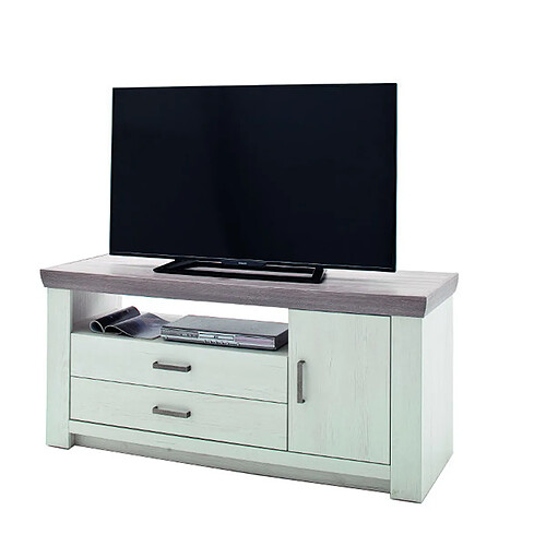 Pegane Meuble TV en pin blanc et chêne Neslon - L.144 x H.67 x P.55 cm