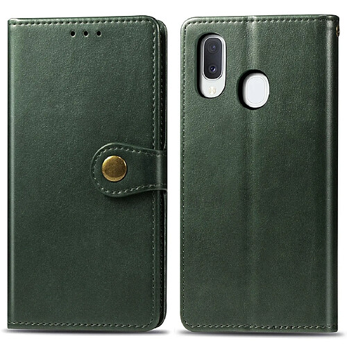 Wewoo Housse Coque Étui en cuir de protection pour téléphone mobile avec boucle rétro de couleur unie lanière et cadre photofente carte et portefeuille et support Galaxy A20e vert