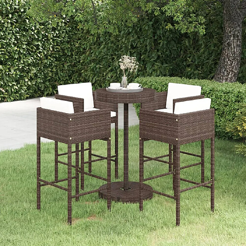 vidaXL Ensemble bar de jardin 5 pcs et coussins Résine tressée Marron