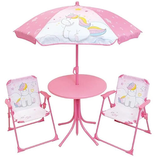 Mobilier de jardin - FUN HOUSE - Salon de jardin Licorne : Table H.46 x 46 cm, 2 chaises pliantes, parasol H.125 x?100 cm