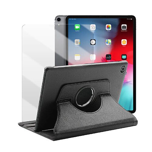 Etui rotatif en simili cuir + verre trempé pour iPad Pro 12,9" (2018) 3ieme generation (A1876/A2014/A1895) - Noir - Visiodirect -