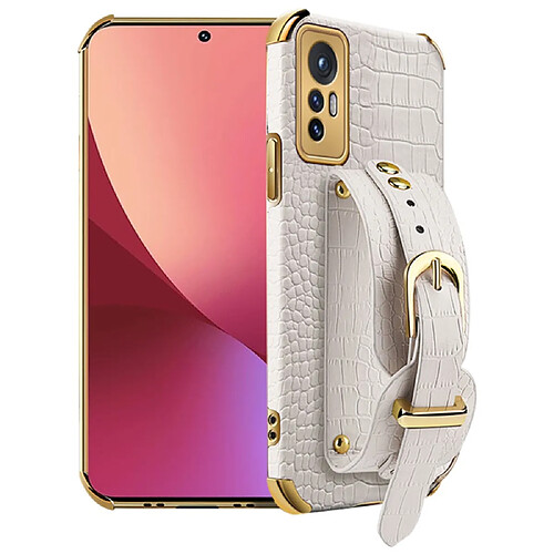 Coque en TPU + PU découpe précise, texture crocodile, galvanoplastie avec béquille blanc pour votre Xiaomi 12/12X