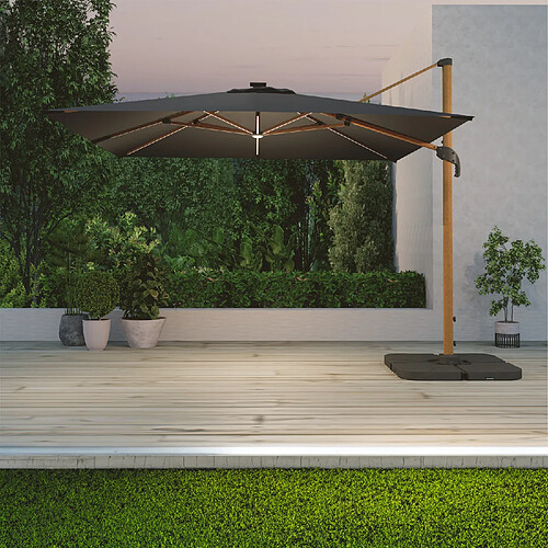 Avril Paris Parasol déporté LED 3x4m rectangle en aluminium housse incluse- rotatif 360° - Bois / Anthracite - OPERA