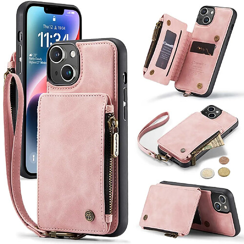 Etui en PU CASEME magnétique avec béquille zippée et sangle pour votre iPhone 14 Plus - rose