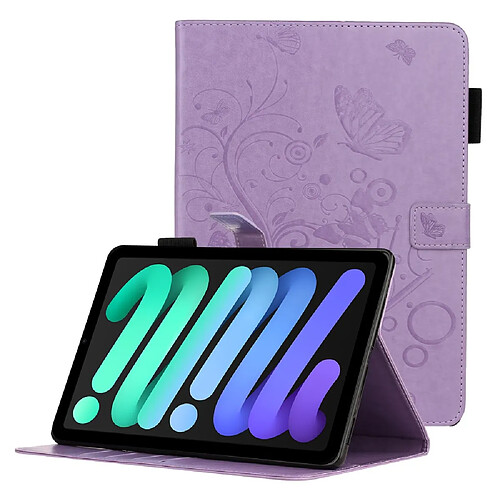 Etui en PU motif de papillons et de fleurs avec support violet pour votre iPad mini (2021)