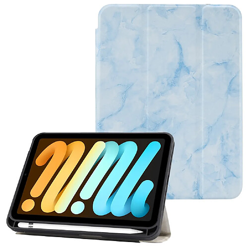 Etui en PU motif marbré avec support à trois volets et porte-stylo bleu pour votre Apple iPad mini (2021)