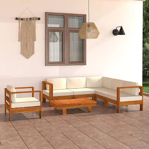 vidaXL Salon de jardin 7 pcs avec coussins blanc crème Bois d'acacia