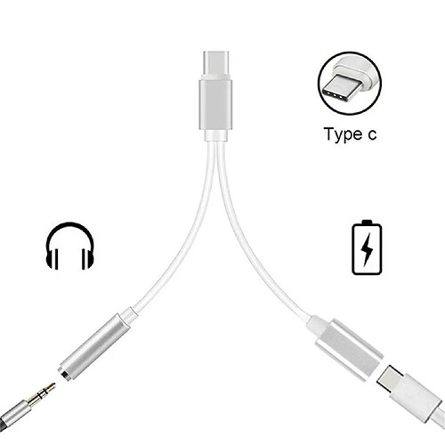 Double Adaptateur cable diviseur Type C prise jack 3.5mm chargeur USB-C Argent pour téléphone smartphone - Visiodirect -