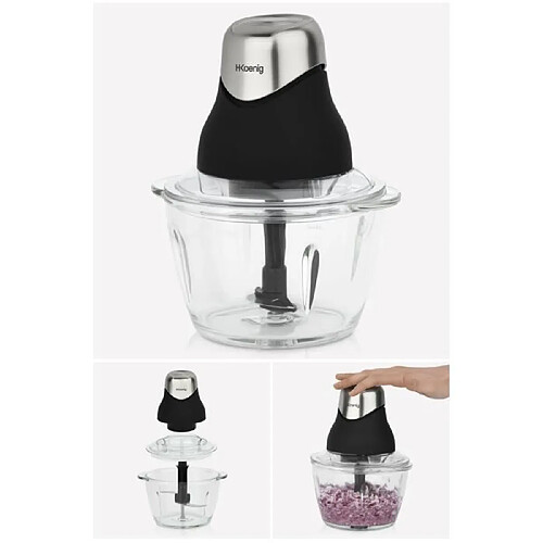 Hkoenig Mini Hachoir Noir Chromé 500mL Bol verre 320W - 4 Lames en Inox avec Couvercle de sécurité Noire