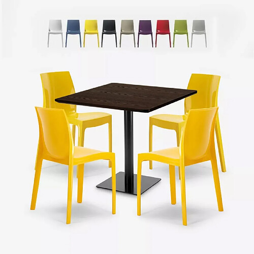 Grand Soleil Ensemble Table Bois Métal 90x90cm Horeca et 4 Chaises Empilables Bar Restaurant Yanez - Jaune