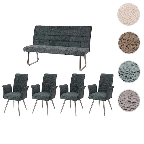 Mendler Set de salle à manger HWC-G55, set de 4 chaises avec accoudoirs+banc 160cm, inox brossé tissu/textile chenille ~ bleu-vert