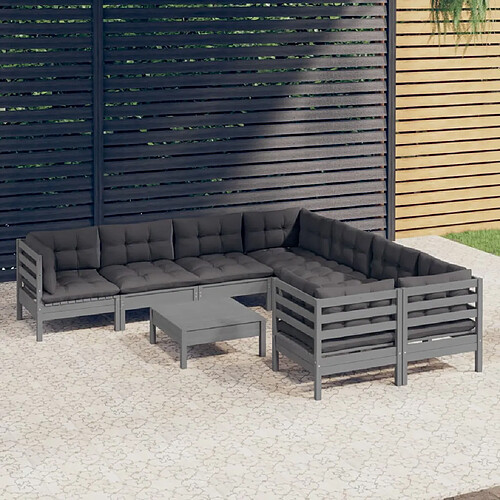 vidaXL Salon de jardin 9 pcs avec coussins gris bois de pin