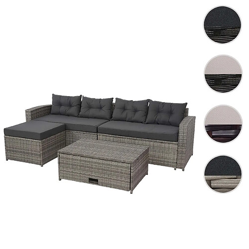 Mendler Ensemble poly rotin HWC-J34, ensemble balcon/jardin/salon ~ gris, coussins gris foncé