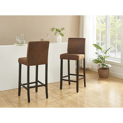 Vente-Unique Lot de 2 tabourets de bar SANTOS - Microfibre aspect cuir vieilli - Pieds bois foncé