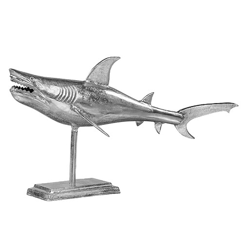 WOMO-DESIGN Sculpture de Requin avec Pied en Aluminium Poli Finition Nickel Argent 106x36x61 cm Design Maritime Support Fait á la Main Statue Figure Décorative Brillant Décoration Intérieure Poisson