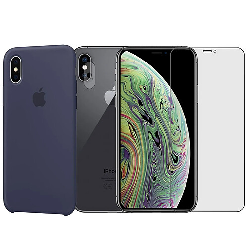 Protection intégrale Verre Trempé pour iPhone X + Verre Trempé Caméra Arrière + Coque souple silicone Bleu Marine - Visiodirect -