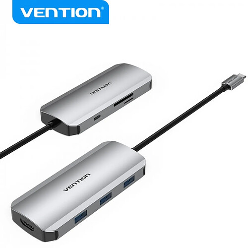 Station d'accueil Vention 7 en 1 USB-C vers HDMI 4K/3xUSB3.0/SD/TF/PD100W - 0,15m - Couleur Gris