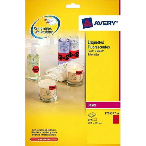 AVERY - L7263R-25 - 350 étiquettes rouges fluo adhésives enlevables. 99,1x38,1mm. Impression laser