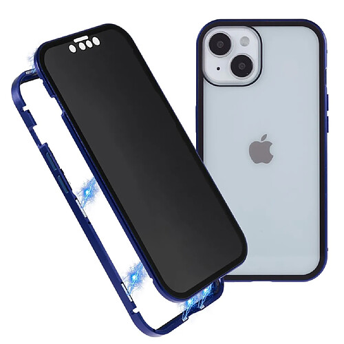 Coque en cadre métallique anti-spy, magnétique double-face pour votre iPhone 14 - bleu foncé