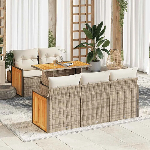 vidaXL Salon de jardin 6 pcs avec coussins beige résine tressée acacia