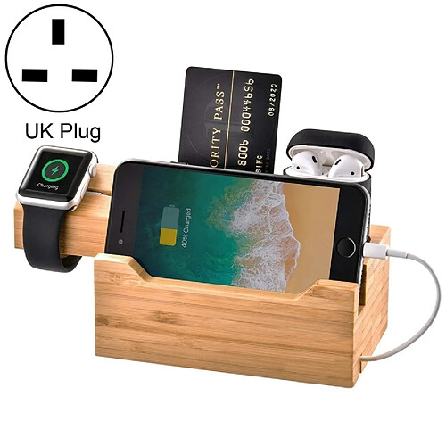 Wewoo Chargeur Base de gestion charge en bambou multi-fonction avec 3 ports USB, pour Apple Watch, AirPods, iPhone, UK Plug