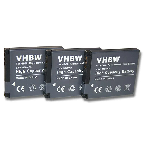 vhbw 3x batterie remplacement pour Canon NB-8L pour appareil photo APRN (600mAh, 3,6V, Li-ion)