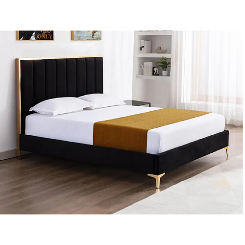 Vente-Unique Lit 160 x 200 cm avec tête de lit coutures verticales - Velours - Noir et doré + Matelas - CLARISSE