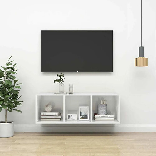 Maison Chic Meuble TV scandinave mural Banc TV suspendu pour salon - Blanc brillant 37x37x107 cm Aggloméré -MN85155