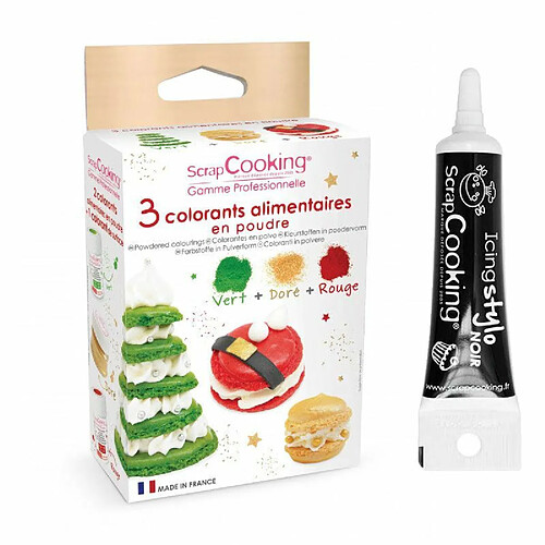 Scrapcooking 3 colorants en poudre vert, rouge et doré + Stylo glaçage noir