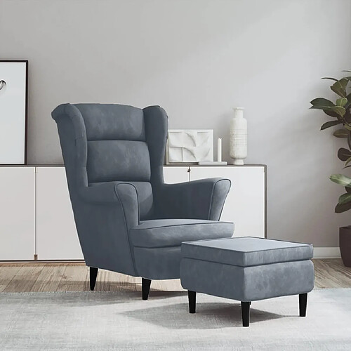 vidaXL Fauteuil à oreilles avec tabouret gris foncé velours