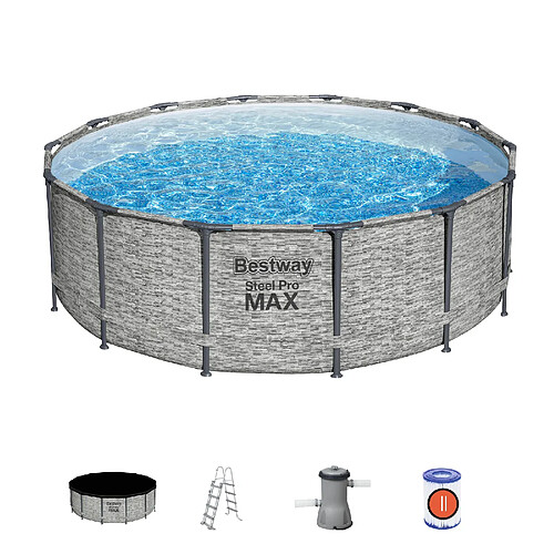 Piscine Tubulaire Ronde Bestway Steel Pro Max 427x122 cm Filtre à Cartouche Couverture et Échelle Design Effet Pierre