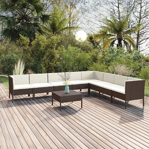 vidaXL Salon de jardin 9 pcs avec coussins résine tressée marron