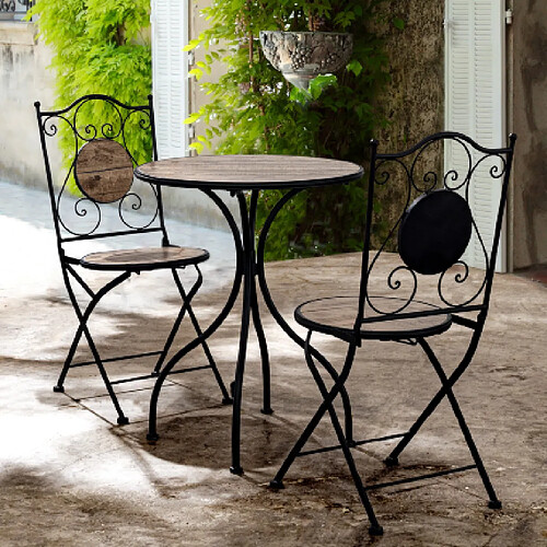 Mes Table de jardin 60 cm avec 2 chaises en céramique naturel et noir