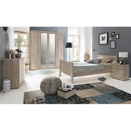 Pegane Chambre à coucher complète enfant (lit 90x200cm + armoire + chevet+ commode) coloris imitation chêne