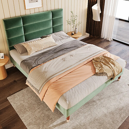 ComfortXL Lit Rembourré Double Avec Sommier à Lattes, Cadre De Lit Rembourré 140x200cm Vert Foncé