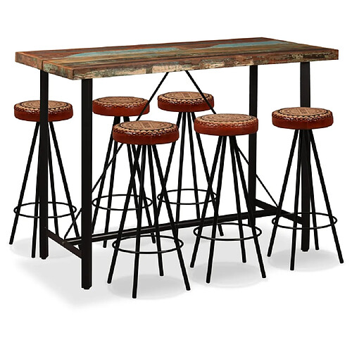 vidaXL Ensemble de bar 7 pcs Bois de récupération Cuir véritable et toile