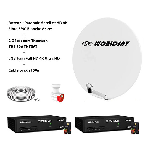 Kit Antenne Parabole Sat HD 4K Fibre SMC Blanche 85cm WORLDSAT + 2 Décodeurs Thomson THS 806 TNTSAT + LNB Twin Full HD 4K Ultra HD + Câble coaxial 50m