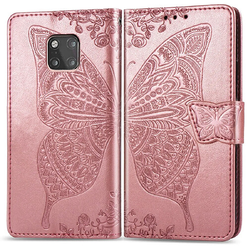 Wewoo Housse Coque Étui en cuir à rabat horizontal Butterfly Love Flowers pour Huawei Mate 20 Proavec support et emplacements cartes et porte-monnaie or rose