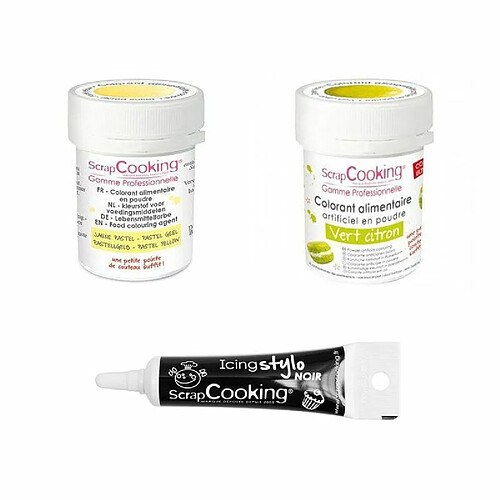 Scrapcooking 2 colorants alimentaires vert citron-jaune pastel + Stylo glaçage noir