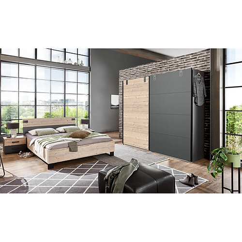 Pegane Chambre à coucher complète adulte (lit 180x200 cm + 2 chevets + armoire), coloris chêne