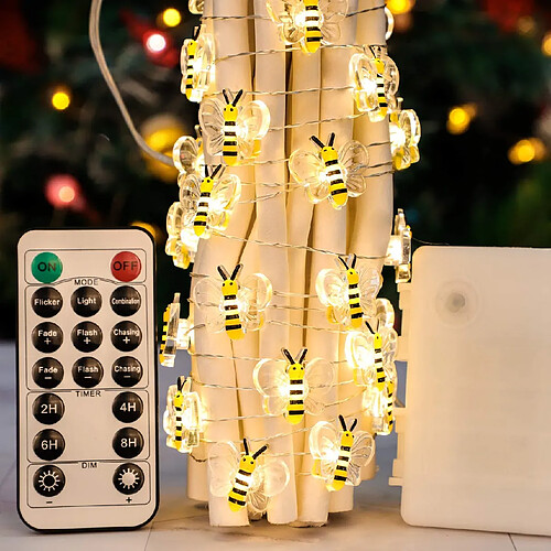 Guirlande lumineuse décorative d'abeille, guirlande lumineuse alimentée par USB et à piles, 10 pieds 30 LED veilleuses avec télécommande et minuterie pour la chambre d'enfant, la cuisine, la fête, l'arbre de Noël