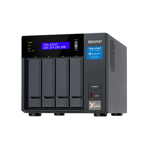 QNAP TVS-472XT-I3-4G 4-Bay NAS i3-8100T TVS-472XT-I3-4G 4-Bay NAS Intel Core i3-8100T 4core 3.1GHz 4Go 4x2.5/3.5p SATA HDD/SSD + 2xM.2 PCIe SSD slot 2xGbE LAN